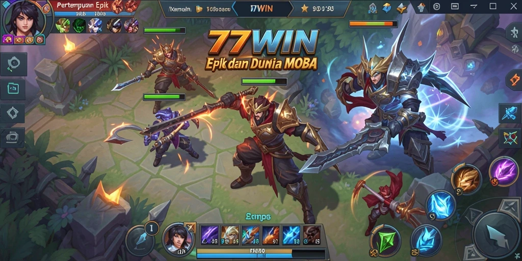 Menampilkan aksi seru di arena pertempuran MOBA 77WIN.