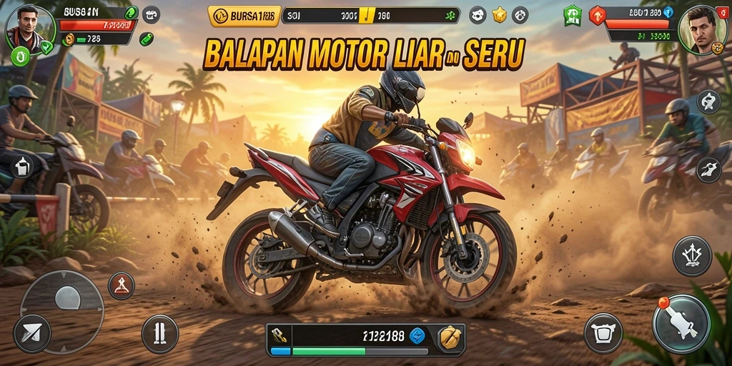 Gameplay seru BURSA188 di medan balap motor yang bervariasi.