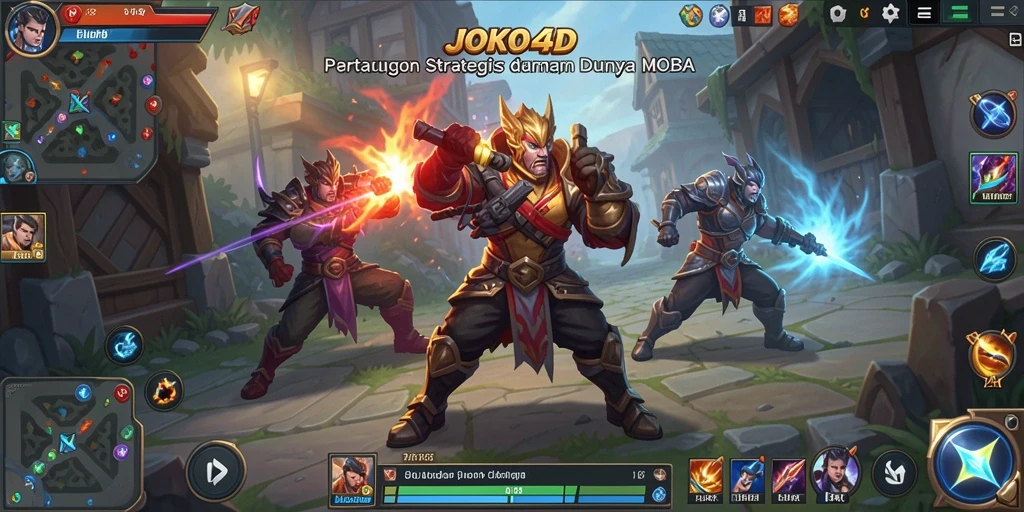 Screenshot gameplay MOBA JOKO4D dengan pertarungan tim intens.