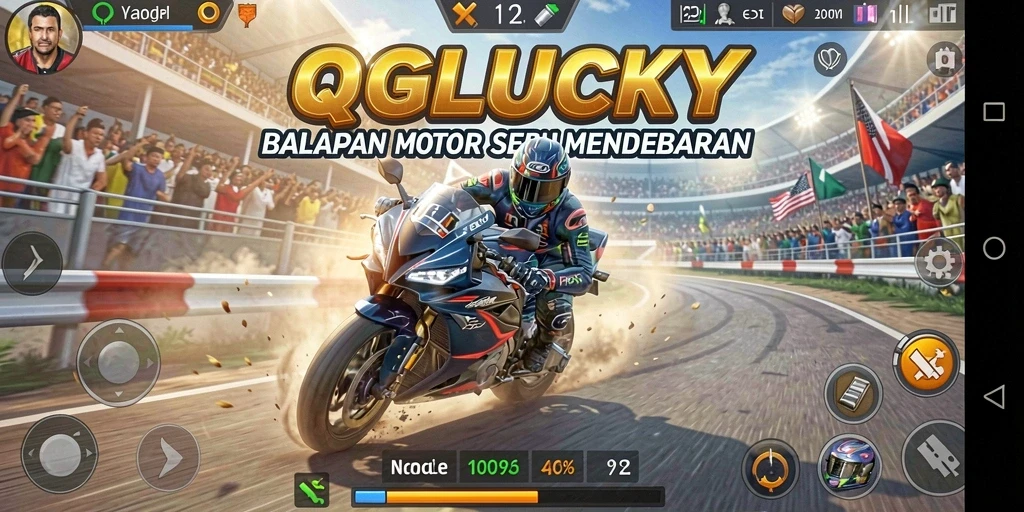 Gameplay QGLUCKY yang mendebarkan di trek balapan.