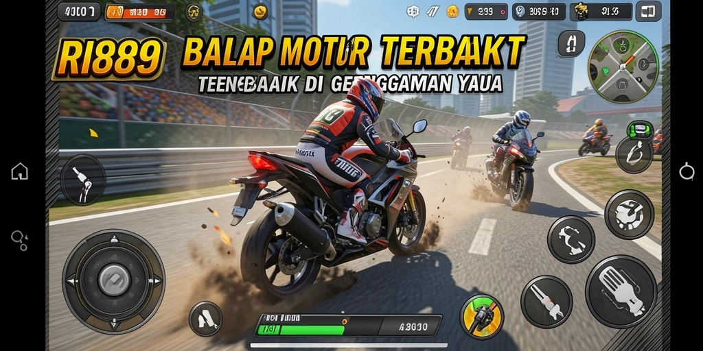 Screenshot utama RI889 menampilkan balapan seru dengan motor yang cepat di lintasan.