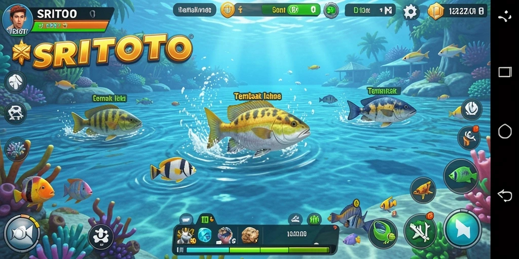 Tampilan gameplay seru dalam SRITOTO dengan berbagai ikan berwarna-warni.